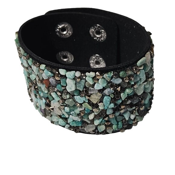 Boho Handmade Gemstone Chips Wide Leather Cuff Bracelet Natural Spiritual Snap - Picture 1 of 7